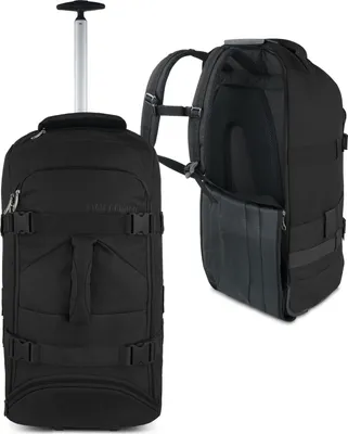 A black rolling duffel bag with backpack straps is shown against a white background.