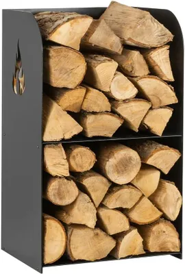 Image de Étagère pour bois de chauffage, support pour bois de chauffage, présentoir pour bois de cheminée, motif de flamme | Intérieur/Extérieur | Revêtement par poudre – noir texturé | Robuste et stable | Facile à ranger