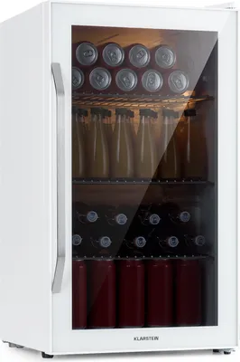 A white mini refrigerator with a glass door, filled with drinks.
