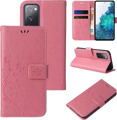 A collage of images showing a pink floral butterfly embossed flip phone case for a Samsung Galaxy S20 FE.
