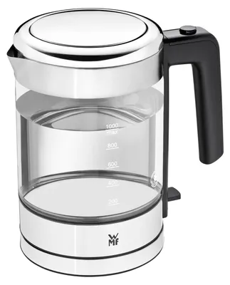 A studio shot of a glass electric kettle filled with water.