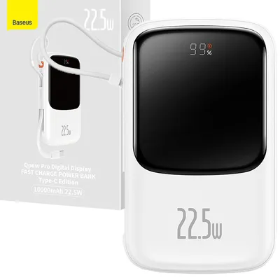 Produktbild von Baseus Qpow Digital Display Powerbank mit Schnellladung 10000 mAh 22,5 W QC/PD/SCP/FCP mit integriertem USB-C-Kabel weiß