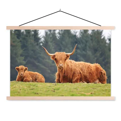 Produktbild von MuchoWow® Textilposter Schottische Highlander - Gras - Wald 120x80 cm mit holzfarbenen Rahmen - Aufhängeset