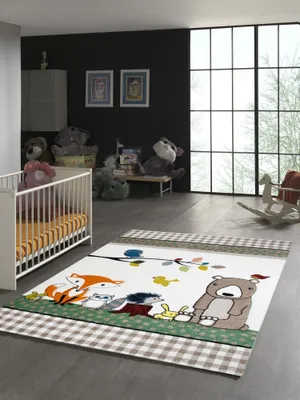Image de Tapis pour enfants « Animaux colorés » avec un ours, un renard, un lapin, un hérisson, un hibou et des oiseaux - Dimensions : 80 x 150 cm