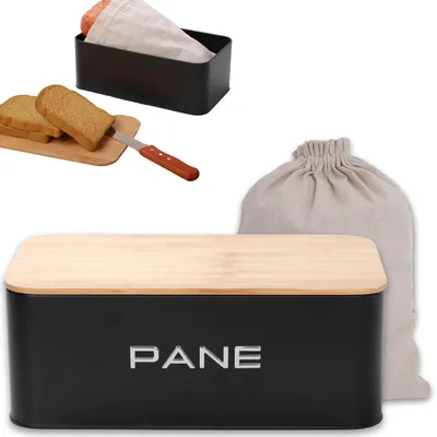 Immagine prodotto di KOOK TIME Portapane in metallo con coperchio tagliere in bambù, nero