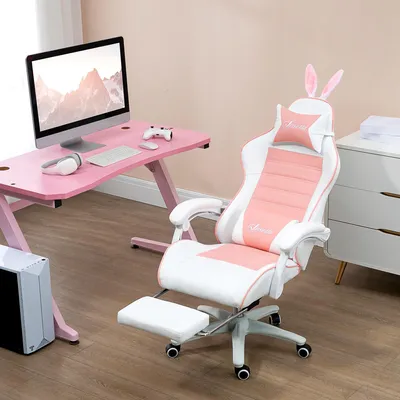 Produktbild von Gaming Stuhl mit Hasenohren und Fußstütze, Gamer Sessel ergonomisch, Kunstleder-Bezug, Rosa | 44–52 cm Sitzhöhe | 135° neigbar | Lendenstütze