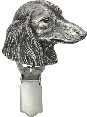 Obrázok produktu pre Jezevčík dlhosrstý – broš s klipom, držiak na štartovacie číslo, strieborná spona na výstavy psov značky Art-Dog