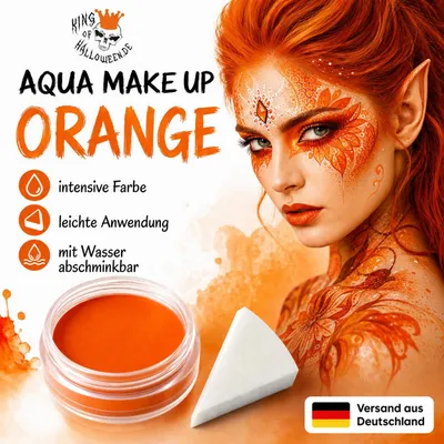 Produktbild von Premium Aquaschminke Orange 14 g mit passendem Schminkschwamm – wasseraktivierbare Gesichtsfarbe mit hoher Deckkraft für Halloween Make-up, Karneval, Fasching, Cosplay, Theater, Bühne, Gothic Look, Totenkopf, Skelett, Zombie, Hexe, Vampir, Teufel, Horror