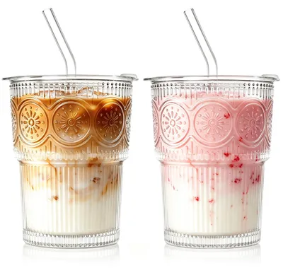 Gläser-Set 380 ml mit Deckel und Glasstrohhalm, 2er-Set