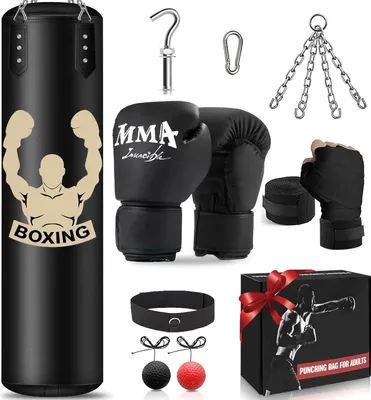 Produktbild von Schwere Boxsackset 4FT mit Boxhandschuhen und Reflexball - Vollständiges Trainingsset für Kickboxen, MMA, Karate und Taekwondo