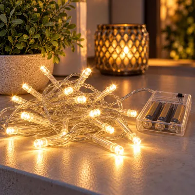 20er LED Lichterkette Drahtlichterkette Draht warmweiß Batterie Timer Außen