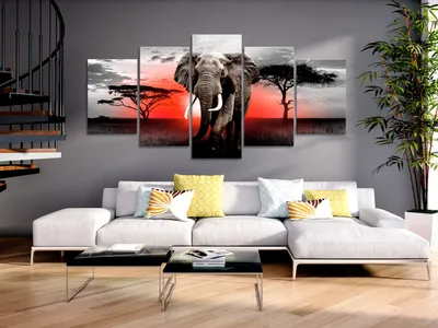 Image de Tableau acoustique Afrique 200 x 100 cm Tableaux Mousse acoustique Absorbeur acoustique haute performance Isolation acoustique Toile 5 pièces Tableau mural Acoustique intérieure Isolation acoustique Animal Éléphant g-C-0054-b-p