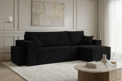 Image de Canapé d'angle  avec fonction couchage et pouf, velours côtelé Tilia, noir, version droite, BEST L avec pouf
