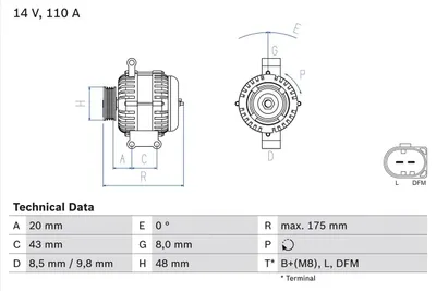 Produktbild von BOSCH 0 986 048 750 Lichtmaschine Generator LiMa 110A 14V für MINI Schrägheck (R50, R53) Cabrio (R52)