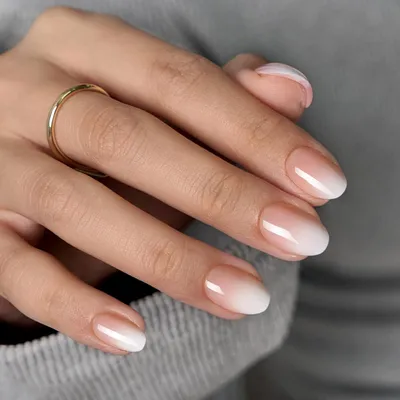 Zdjęcie produktu dla Sztuczne paznokcie, krótkie, ombre, kształt migdałowy, różowo-biały gradient, miękki żel, zestaw 30 sztuk