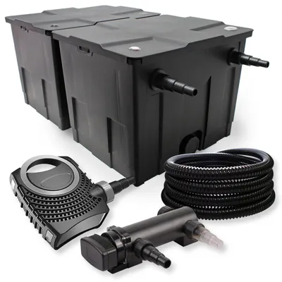 Zdjęcie produktu dla Kompletny zestaw SunSun: filtr do oczka wodnego CBF-350B do 60000 l jako filtr przepływowy, pompa do oczka wodnego NEO7000 SuperEco 7000 l/h 50 W, odstojnik do oczka wodnego CUV-318 z odstojnikiem UVC 18 W, wąż do oczka wodnego 25 m 25 mm