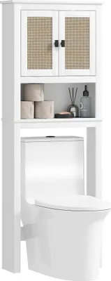 Image de Armoire de toilette - Armoire de salle de bain - 2 portes - Façade en rotin - A monter soi-même - Blanc