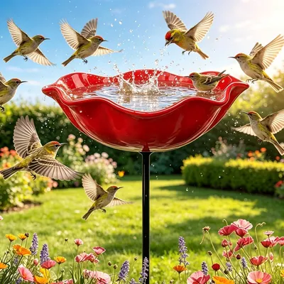 Produktbild von Vogeltränke Blume Metall Rot Gartenstecker Winterfest Bienentränke