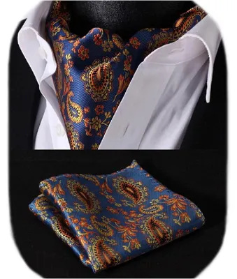 Productafbeelding van Sjaal en zakdoek set voor heren, bloemenmotief Paisley, blauw/oranje
