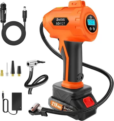 Obrázek produktu pro Přenosná vzduchová pumpa – 21V akumulátorový kompresor – 180 PSI – digitální manometr – provoz na baterii i kabel – pro auto, motocykl a kolo