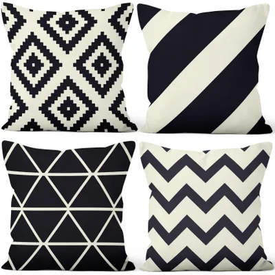 Image de Omgoods - Ensemble de 4 taies d'oreiller noir et blanc avec un motif rayé minimaliste