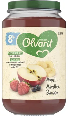 Produktbild von Olvarit Babybrei 8+ Monate Apfel Erdbeere Banane, 200 g – Nährstoffreicher Fruchtbrei ohne Zusatzstoffe