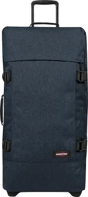 A blue Eastpak travel suitcase is shown against a white background.