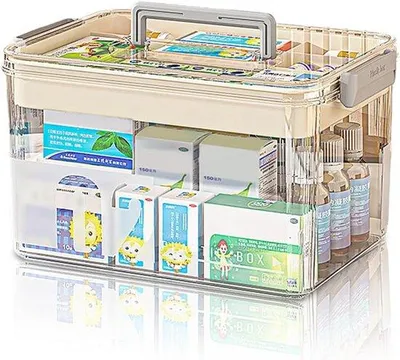 Imagen del producto de Almacenamiento médico de doble nivel y múltiples compartimentos. Contenedor médico de transporte con asas. Organizador médico (blanco, 29x21x17 cm)