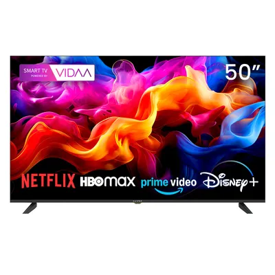 A television screen displaying a colorful abstract image with streaming service logos and screen size.