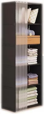 A tall, narrow, black modular wardrobe with shelves filled with folded clothes and decorative pillows.