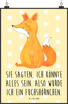 Produktbild von Mr. & Mrs. Panda Bild Einhorn Wunsch DIN A2 - Gelb Pastell - Geschenk, Fuchs, wanddeko, Fuchshörnchen, Unicorn, Füchse, drucke, Einhörner, kunstdruck poster, Deko