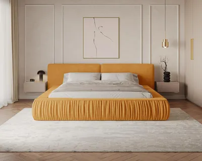 Produktbild von MOEBLO Polsterbett Bett 08 – Doppelbett mit gepolstertem Kopfteil, Bettkasten, Metallrahmen und Lattenrost - 160x200 cm - Gelb (Riviera 41)
