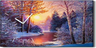 Produktbild von Dekor Leinwand Uhr Wandbilder 60x30 Malerei Bäume Schnee Fluss Sonnenuntergang - weiße Hände