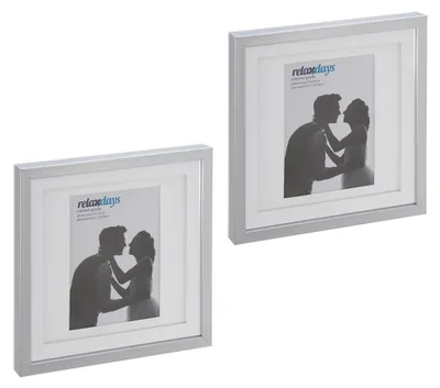 Obrázok produktu pre Sada 2 ks rámov na fotografie Relaxdays, 25 x 25 cm, štvorcové, rámy na zavesenie alebo postavenie, s paspartou, strieborné