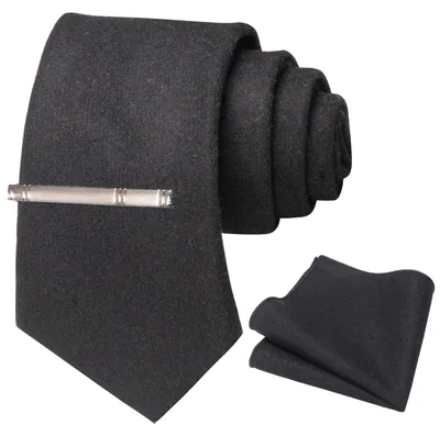 Productafbeelding van Cashmere Wol Stropdas en Zakdoek Set met Krawatclip, Zwart