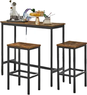 Produktbild von Vintage-Stehtisch-Set in Braun und Schwarz mit 2 Barhockern – Tisch 100 x 40 x 90 cm