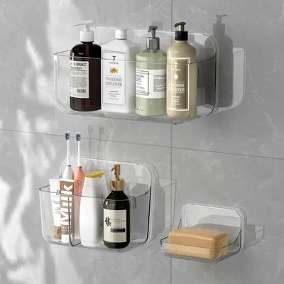 Immagine prodotto di Set di 3 mensole da doccia, senza foratura, in plastica trasparente, per il montaggio a parete, adatte per bagno e cucina