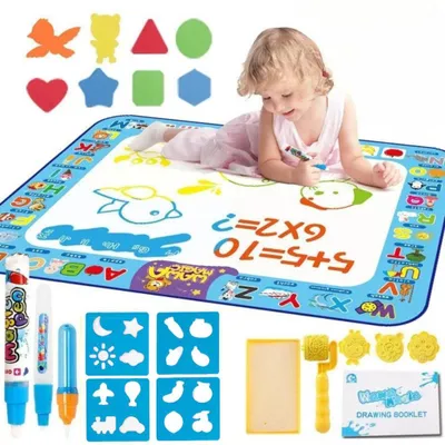 Produktbild von Wasser Malmatte 100 × 80 cm Kinder, magisches Malen mit Wasser, Schablonen, Stempel & Stifte, sauber spielen - DoodleMat