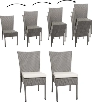 A set of gray poly-rattan chairs with cream cushions, shown stacked in different configurations.