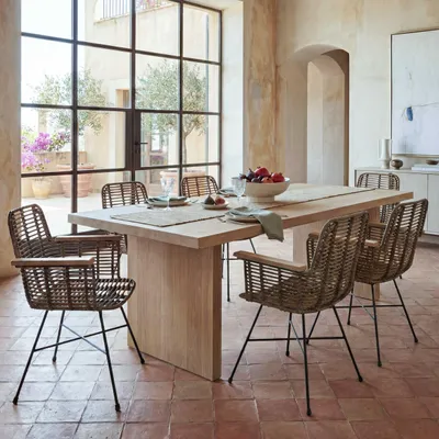 Immagine prodotto di set di 6 sedie da pranzo HWC-M29, sedia da cucina in vimini sedia in rattan con braccioli, Kubu rattan legno metallo