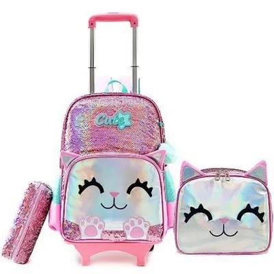 Produktbild von Schulranzen Trolley Set Mädchen Rosa Panda 42x30x20cm mit Federmäppchen und Lunchtasche