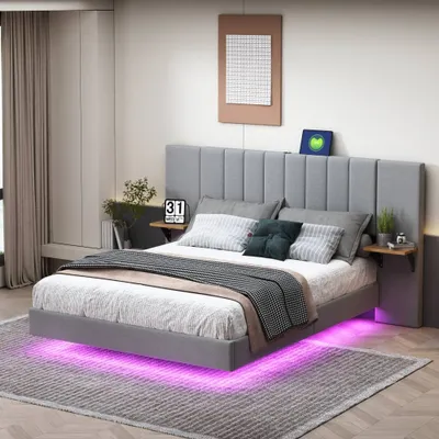 Immagine prodotto di Letto imbottito AIORBER, 140x200 cm, con illuminazione a LED, con porta di ricarica USB, letto matrimoniale, tessuto di lino, testiera allungata, struttura in metallo, grigio