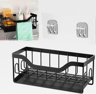 Produktbild von Spülbecken Organizer, Küchen Schwammhalter Spülbecken Mit Selbstentleerender Ablaufwanne, Mit abnehmbarer Handtuchhalter und Aufbewahrungsbox Spülbürsten, Organizer für Küche und Badezimmer (Schwarz)