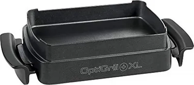 A black baking dish accessory for a grill.