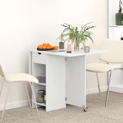 Produktbild von SUGIFT Klapptisch mit Schublade und 2 Fächern, Esstisch klappbar auf Rollen, Küchentisch Spanplatte, Weiß | 114,5x70x75 cm | 2-4 Personen | 46 kg