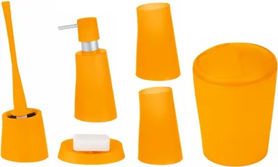 Produktbild von Spirella Badezimmer Set, 6-teiliges Badzubehör Move Seifenspender, WC Bürste, Seifenschale, Kosmetikeimer und Zahnputzbecher Orange