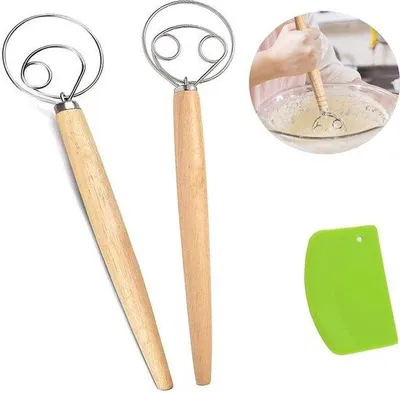 Produktbild von Unyqoos® Dänischer Teigquirl mit Mehlschaber – Edelstahl & Eichenholzgriff, ideal für Brot-, Pizza-, Kuchen- und Waffelteig, leicht zu reinigen