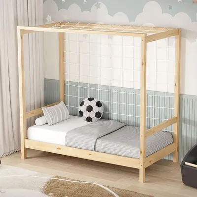 Obrázok produktu pre ML-Design detská posteľ s futbalovou bránkou, 70x140 cm, prírodná, detská jednolôžková posteľ, drevená posteľ s lamelovým rámom a bránkovou sieťou, posteľ pre mladých z borovicového dreva, hádzanárska bránka