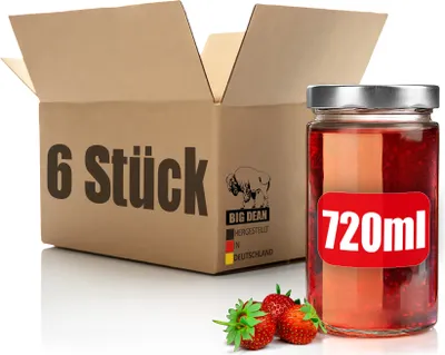Produktbild von BigDean 6 Stück 720ml Einmachgläser mit silbernem Schraubdeckel – luftdichte Marmeladengläser dank Dichtungsring – Einkochgläser –  Germany
