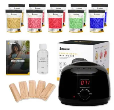 Image de Kit d'épilation à la cire Bolusso avec chauffe-cire, 1 000 g de grains de cire | 5 variétés, 50 spatules, huile après-épilation | Kit d'épilation pour la maison et le salon, kit de cire unisexe pour débutants